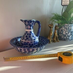 Blue and White Ceramic Pitcher Bowl Set rare traces back to the 1800’s cobal